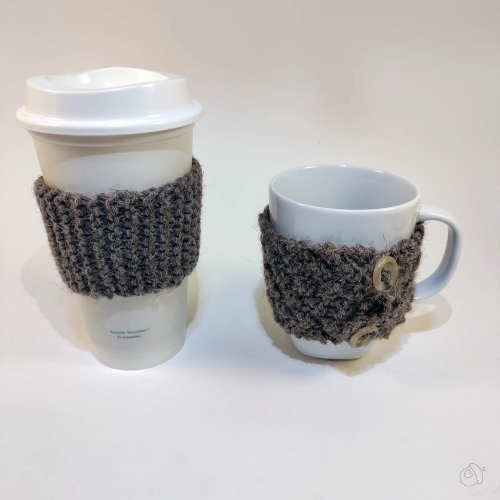 reusable travel mug with knit sleeve, white mug with knit cozy with buttons
