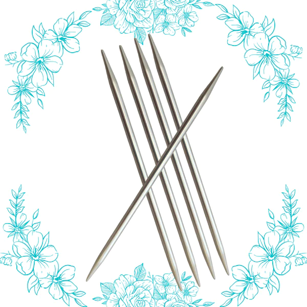set of 4 in steel dpn needles on a white background with a blue laurel