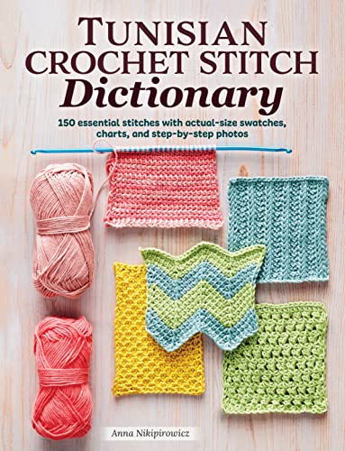 the title is above a flat lay of balls of pink yarn, a swatch on a hook, and four other swatches laid out to show different stitch options. the pallet is pink to the top and left and then shifts to yellow, greens, and blue.
