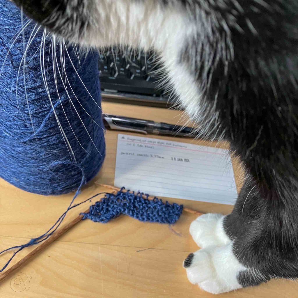 Cone and beginning of a swatch in ColourMart fingering weight crepe style silk bakketta on a desk that a tuxedo cat is inspecting 