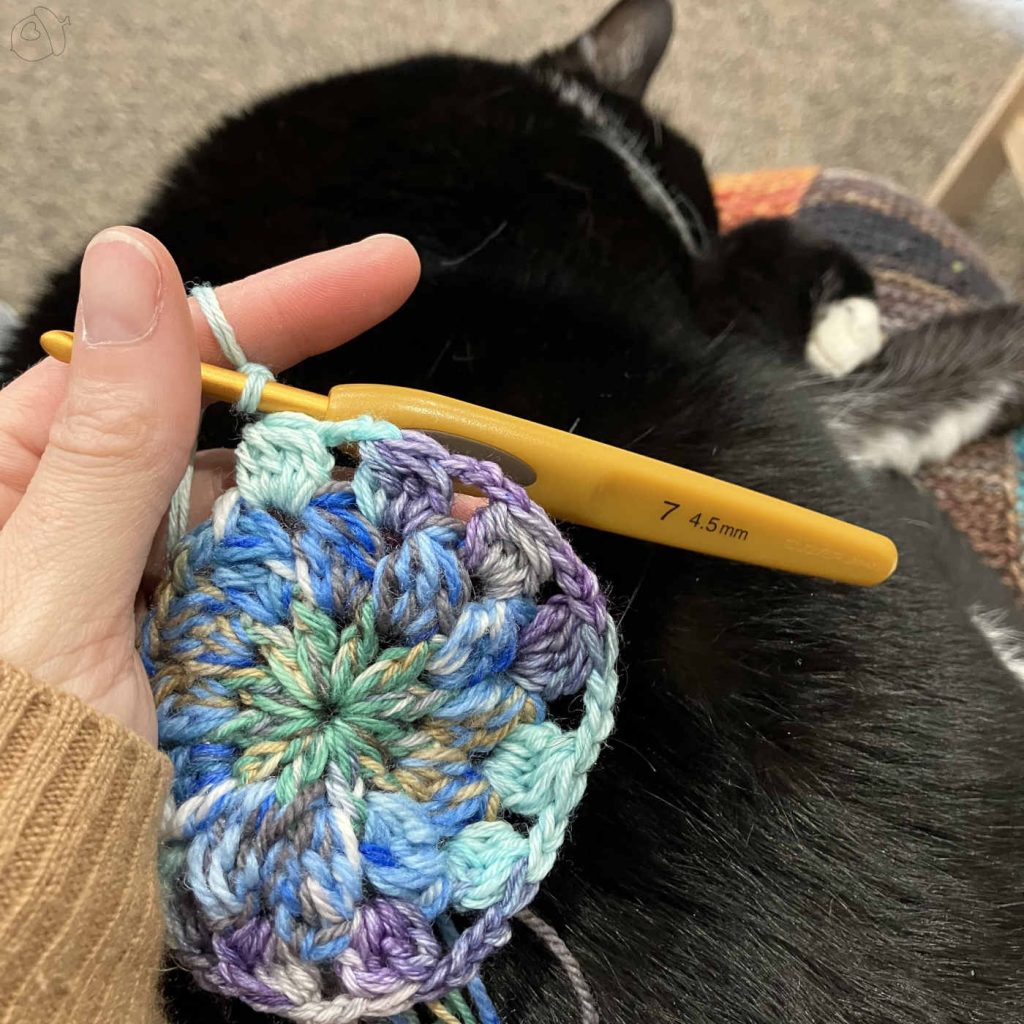 hand holding crochet motif in progress while a tuxedo cat sleeps on a blanket covered lap