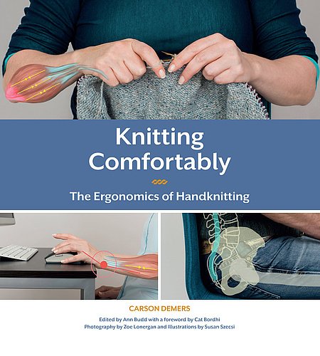 book cover for "Knitting Comfortably". It is a 3 image collage with the text of the title in white over a blue border in the middle of the cover. The top image shows an individual knitting on a circular needle and a view of how that affects muscles and tendons is shown. Below the title on the left is a hand resting on a desk showing the impact of using a computer mouse. To the right is the spine and hips of an individual sitting on a chair.